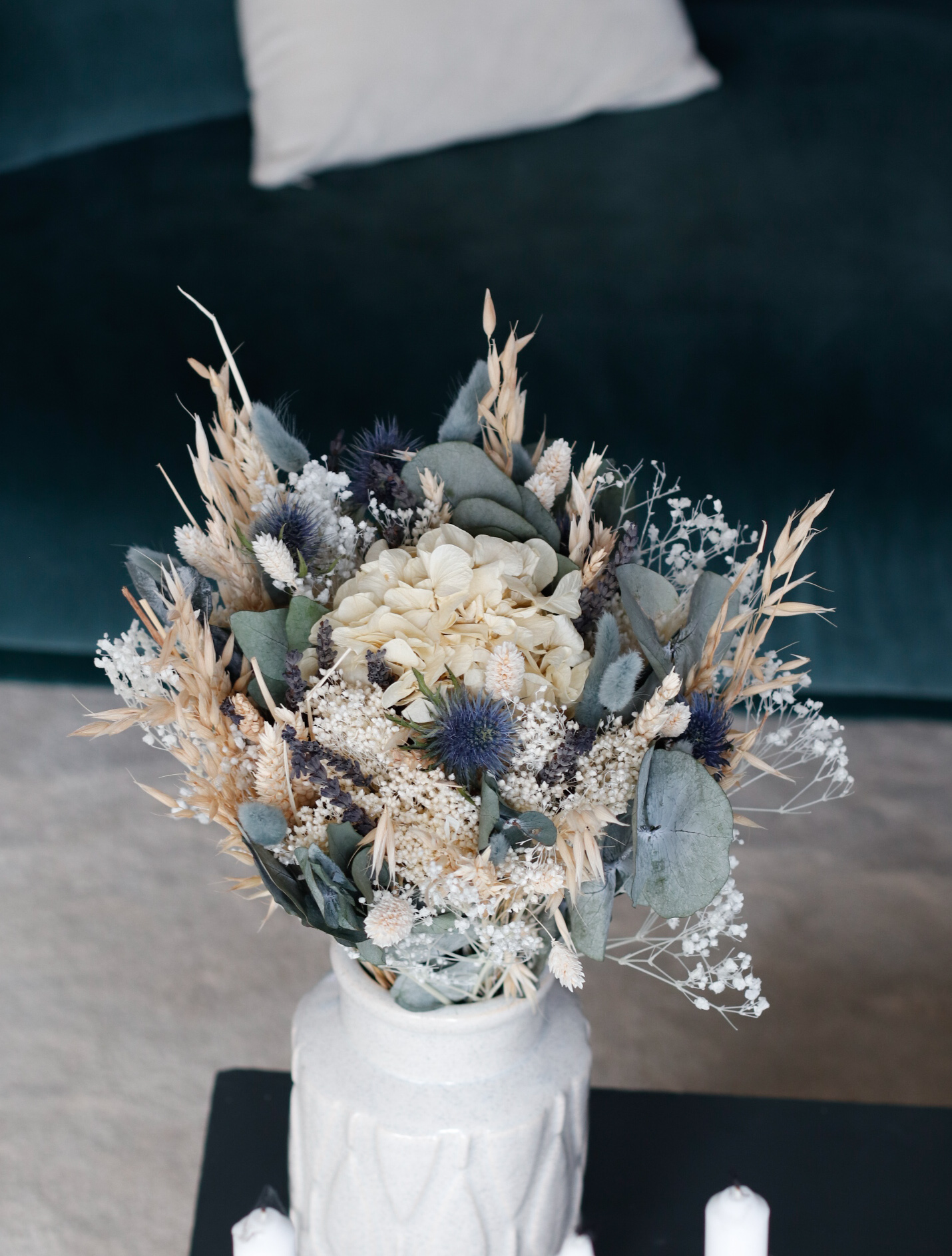Bouquet fleurs séchées et stabilisées blanc et bleu provence - Le Dahlia  Noir